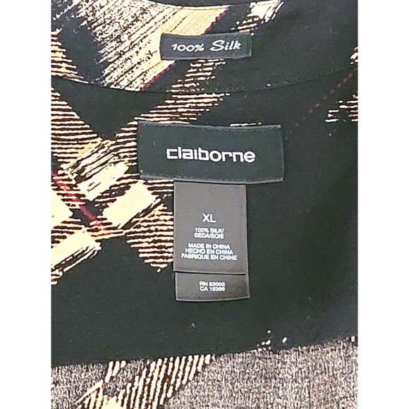 Claiborne Mens  100% Silk Shirt XL Black Brown  Short Sleeve Collared Button Up - Picture 5 of 6